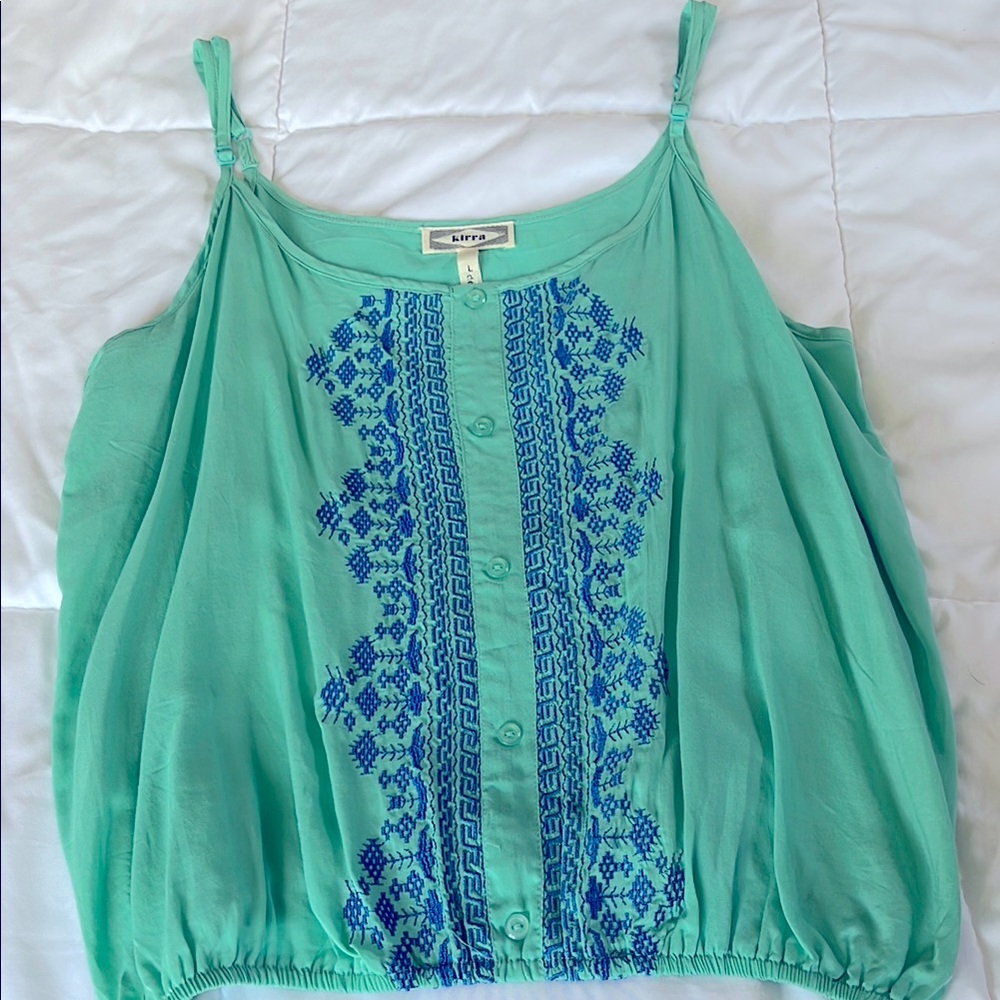 Kirra Embroidered Green and Blue Spaghetti Strap Buttons Top